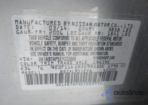 2014 Nissan Sentra Sr z USA, uszkodzony, nr VIN 3N1AB7AP5EY223993